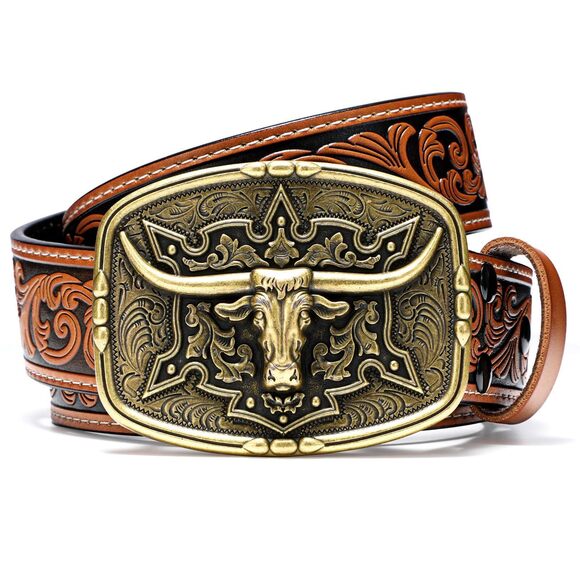 Western Cowboy Belts For Men Women, Mens Western Belt Bull Buckle Country😋 - Picture 1 of 7